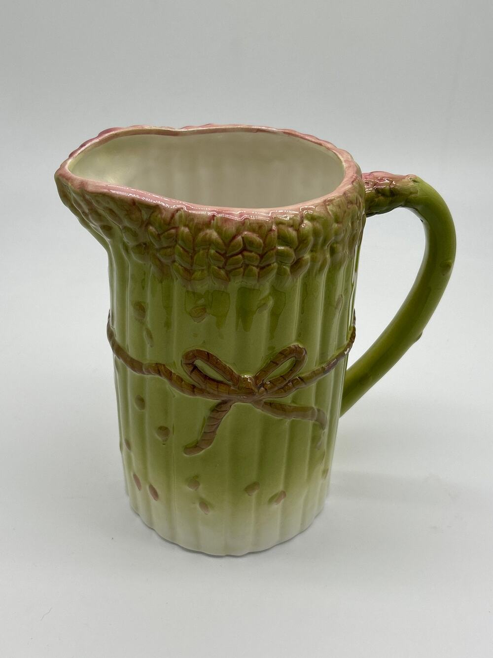 Vintage Green Asparagus Ceramic Pitcher 8” Majolica Style Serving Water Jug